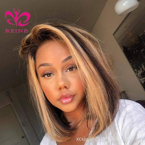 Ombre Highlight Wig 13x4 HD Transparent Lace Front Wig Straight Bob Wig Brown Honey Blonde Short Bob